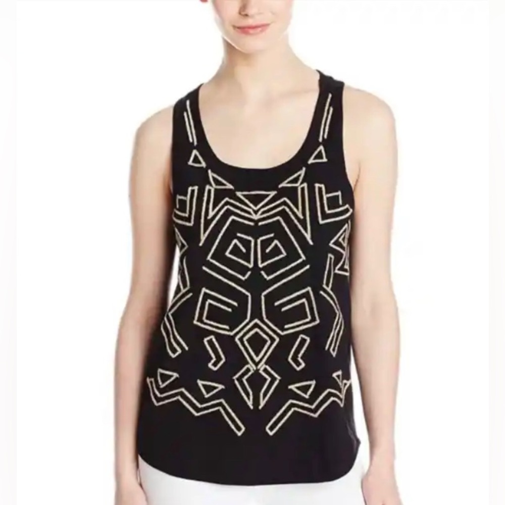 Lucky Brand Tank Top Women’s XL Black Tan Tribal Boho Sleeveless Racerback